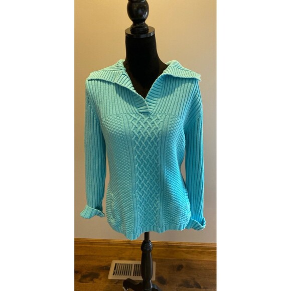 Liz & Co Sweater Size XL Cable & Rib Knit V Neck Collar Pockets Turquoise Blue - Picture 2 of 11